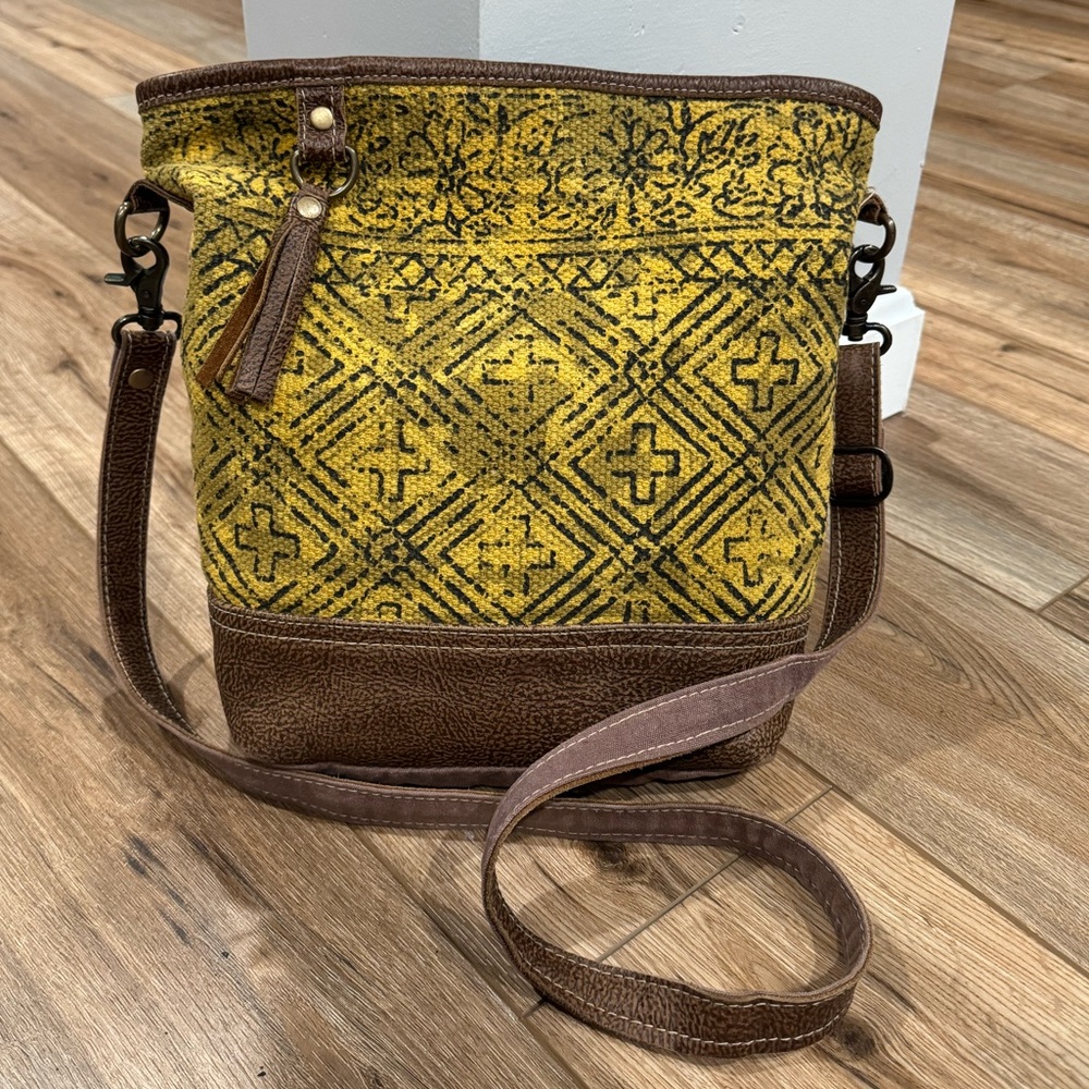 Myra Bag Yellow & Brown Woven Pattern Crossbody